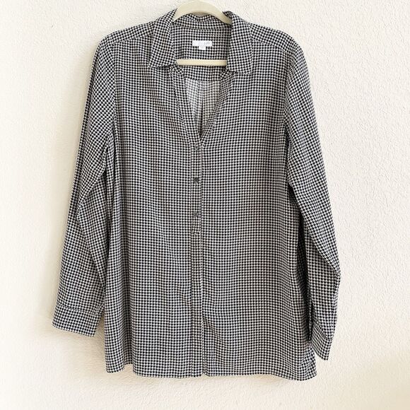 J. Jill Houndstooth Button Up Blouse Size M Black White Long Sleeves Tunic - Picture 1 of 11